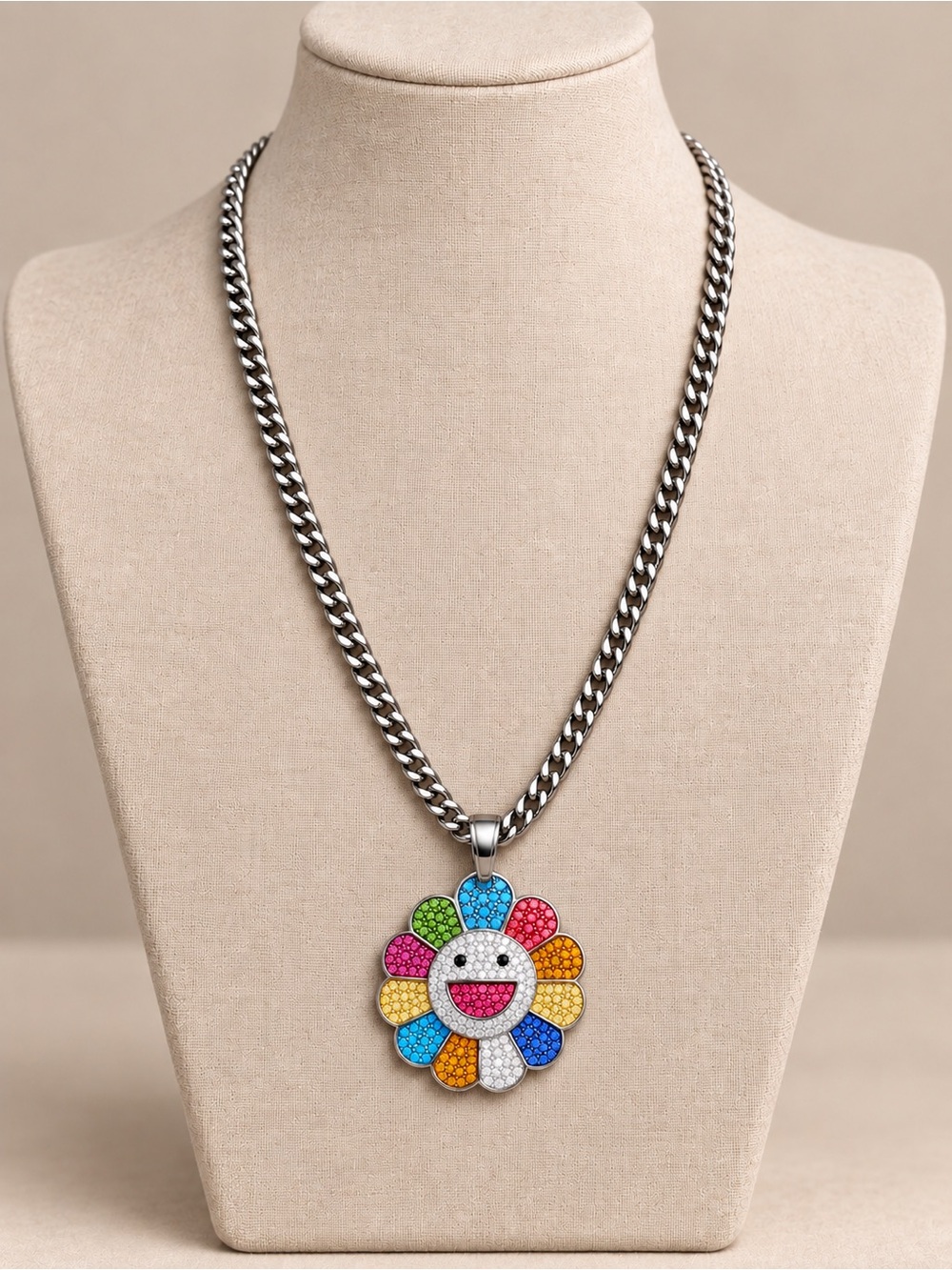 New Rainbow Smiley Flower Pendant Necklace – 28” Cuban Link Stainless Steel